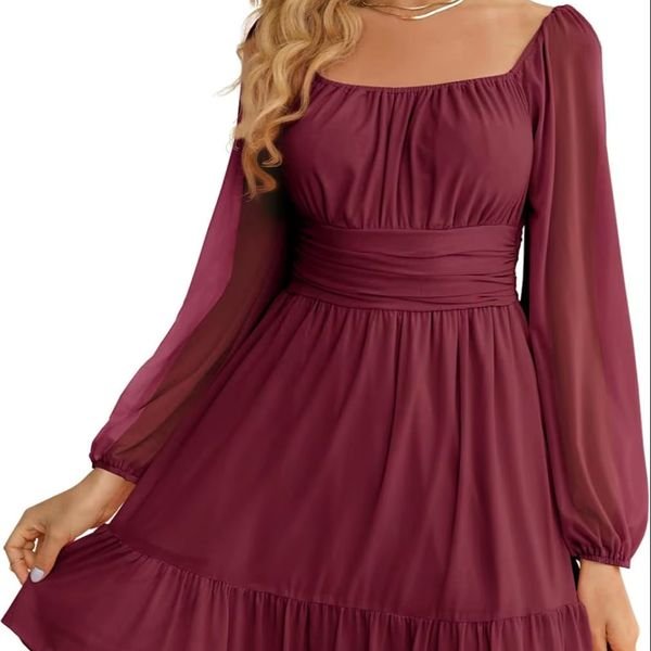 Womens Elegant Mesh Dress Long Sleeve a Line Mini Party Dress High Waist