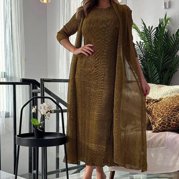 Womens Dresses Fashion 2024 Pleated Clothing Womens 2 Piece Outfit Two Piece Sets Metallic Fabrics Casual Long Dresses
